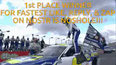 NASCAR driver celebrates on car with winner text