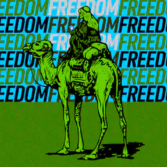Camel rider with freedom text background