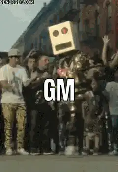 Robot head in crowd with GM text