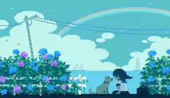 Pixel art girl and dog with rainbow