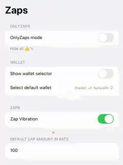 Zaps settings screen with orange circle