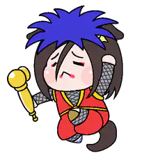 Chibi character with blue hair holding a golden scepter