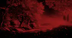Red forest with falling leaves