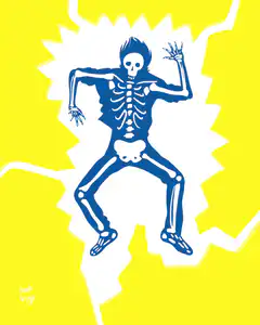 Blue skeleton dancing on yellow background
