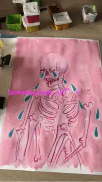 Pink skeleton crying on paper
