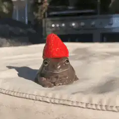Frog with strawberry hat cuts to Rick Astley