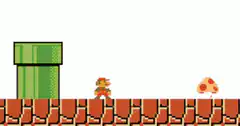 Mario eats a mushroom in pixel art