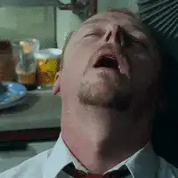 Simon Pegg looking exhausted and tired