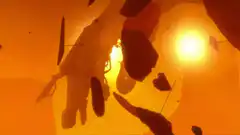 Silhouette character in fiery industrial world