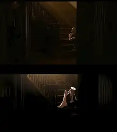 Angel sitting on stairs with child