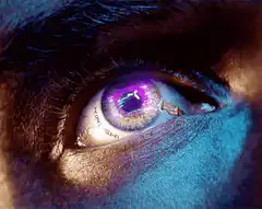 purple eye with text