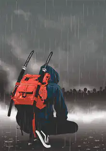 Crouching figure with swords in the rain