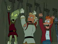 Futurama characters hanging by chains