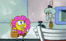 SpongeBob as a flower giving roses to Squidward