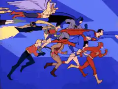 Justice League running and flying