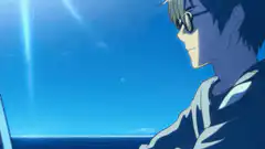 Anime boy in sunglasses against blue sky