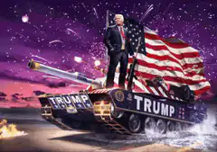 Trump on a tank with fireworks