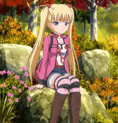 anime girl sitting on rock in autumn forest
