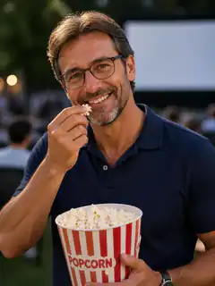 Man eating popcorn at outdoor movie