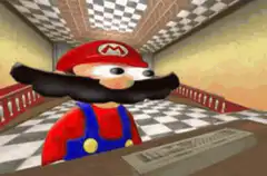 Mario with giant mustache holding WTF sign