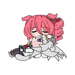 chibi pink hair girl hugging white creature