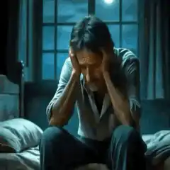 Man sitting on bed holding head in distress
