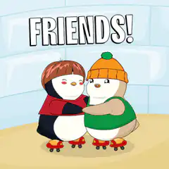 Two penguins hugging on roller skates