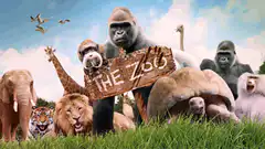 Group of zoo animals holding sign