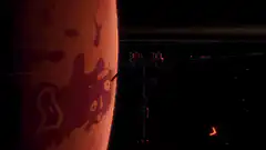 spaceship flies past a ringed planet