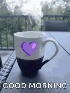 steaming coffee mug with purple heart