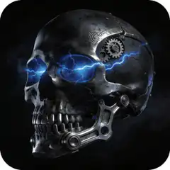 Cyborg skull with glowing blue eyes and lightning