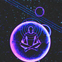 Neon meditating figure in space