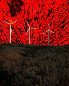 wind turbines exploding in red sky