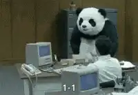 Panda mascot throws computer monitor