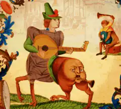 Medieval painting of a lute player on a head horse