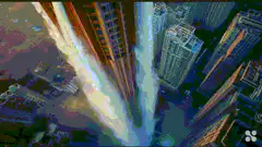 aerial view of city with waterfalls