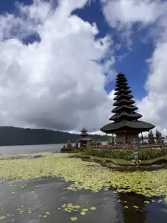 Balinese temple on lake with lily pads