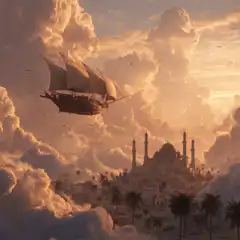 Flying ship over cloud city