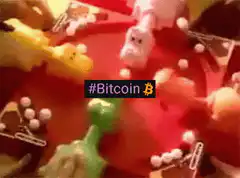Plastic toys on red surface with Bitcoin hashtag