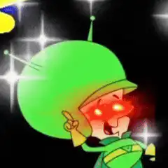 green alien character with glowing eyes