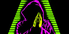 purple hooded figure praying with green bars