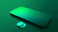 Bitcoin coins appearing on smartphone