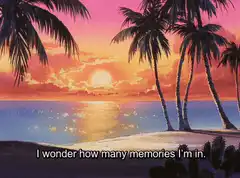 Tropical sunset with palm trees and text