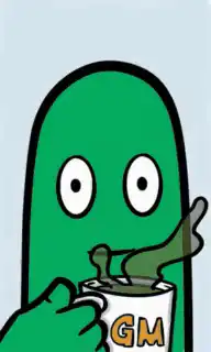 Green pill character drinking GM coffee