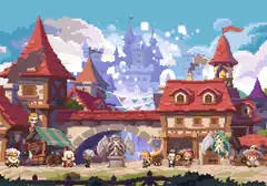 pixel art fantasy town with castle