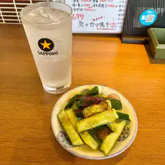 Sapporo drink and cucumber salad
