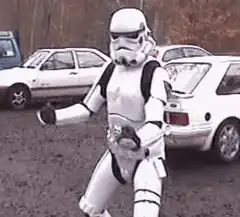 Stormtrooper dancing in parking lot