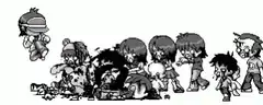 Chibi characters fighting in a group