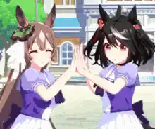 Two anime horse girls doing a hand game