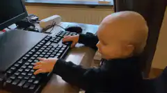 Baby typing on keyboard and celebrating